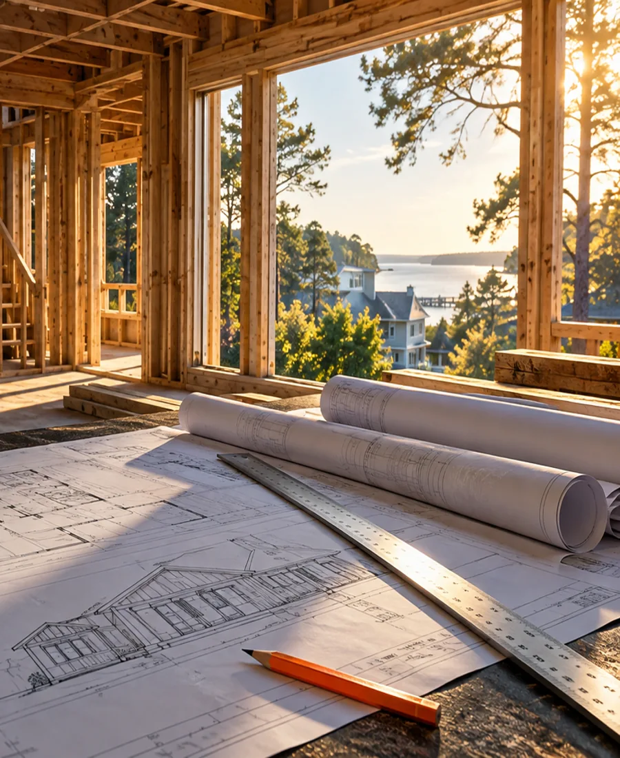 Architectural plans and measuring tools on a timber-framing workbench, an illustrative construction consulting scene